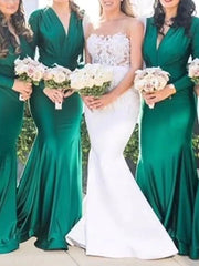 Mermaid / Trumpet Bridesmaid Dress V Neck Long Sleeve Elegant Floor Length Spandex with Solid Color - RongMoon