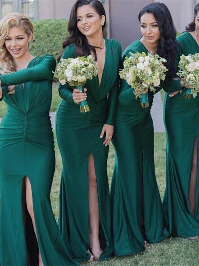 Mermaid / Trumpet Bridesmaid Dress V Neck Long Sleeve Elegant Floor Length Spandex with Split Front / Ruching - RongMoon