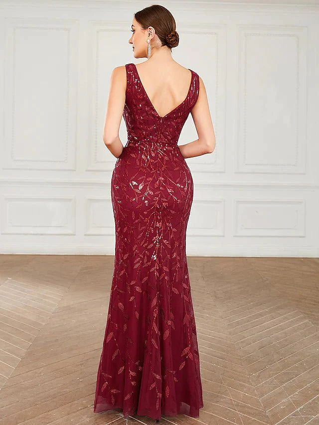 Mermaid / Trumpet Bridesmaid Dress V Neck Sleeveless Sexy Floor Length Sequined with Sequin - RongMoon