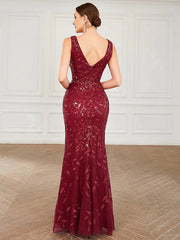 Mermaid / Trumpet Bridesmaid Dress V Neck Sleeveless Sexy Floor Length Sequined with Sequin - RongMoon
