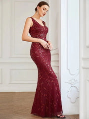 Mermaid / Trumpet Bridesmaid Dress V Neck Sleeveless Sexy Floor Length Sequined with Sequin - RongMoon