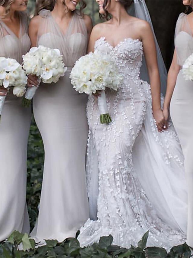 Mermaid / Trumpet Bridesmaid Dress V Neck Sleeveless Sexy Sweep / Brush Train Tulle / Stretch Chiffon with Bow(s) - RongMoon