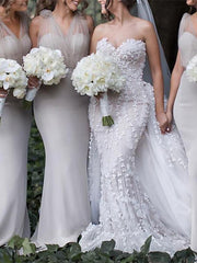 Mermaid / Trumpet Bridesmaid Dress V Neck Sleeveless Sexy Sweep / Brush Train Tulle / Stretch Chiffon with Bow(s) - RongMoon