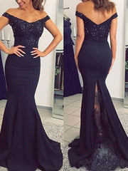 Mermaid / Trumpet Bridesmaid Dress V Neck / Spaghetti Strap Sleeveless Sexy Sweep / Brush Train Lace / Stretch Chiffon with Pearls / Appliques - RongMoon