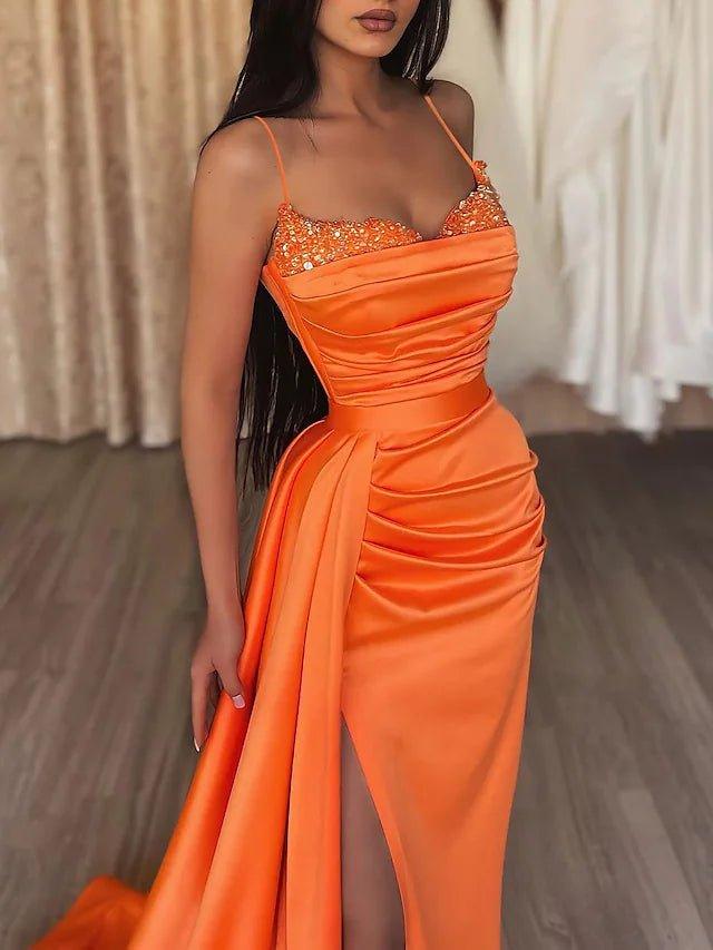 Mermaid / Trumpet Evening Dresses Sexy Sparkle & Shine Dress Wedding Party Birthday Sweep / Brush Train Spaghetti Strap Sleeveless Satin with Ruched Slit - RongMoon