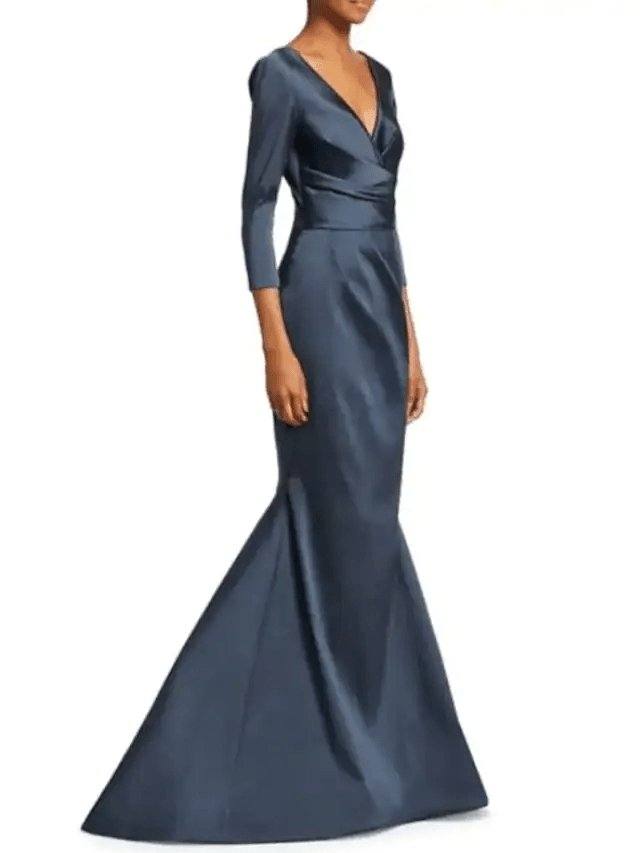 Mermaid / Trumpet Mother of the Bride Dress Elegant Plunging Neck Sweep / Brush Train Satin 3/4 Length Sleeve with Ruching - RongMoon