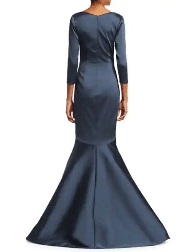 Mermaid / Trumpet Mother of the Bride Dress Elegant Plunging Neck Sweep / Brush Train Satin 3/4 Length Sleeve with Ruching - RongMoon