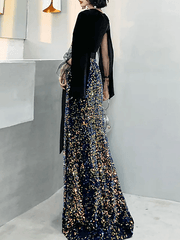 Mermaid / Trumpet Sparkle Gothic Prom Formal Evening Dress V Neck Long Sleeve Floor Length Sequined Velvet with Sash / Ribbon Sequin - RongMoon