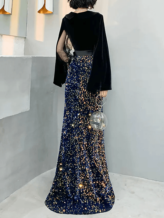 Mermaid / Trumpet Sparkle Gothic Prom Formal Evening Dress V Neck Long Sleeve Floor Length Sequined Velvet with Sash / Ribbon Sequin - RongMoon