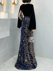 Mermaid / Trumpet Sparkle Gothic Prom Formal Evening Dress V Neck Long Sleeve Floor Length Sequined Velvet with Sash / Ribbon Sequin - RongMoon