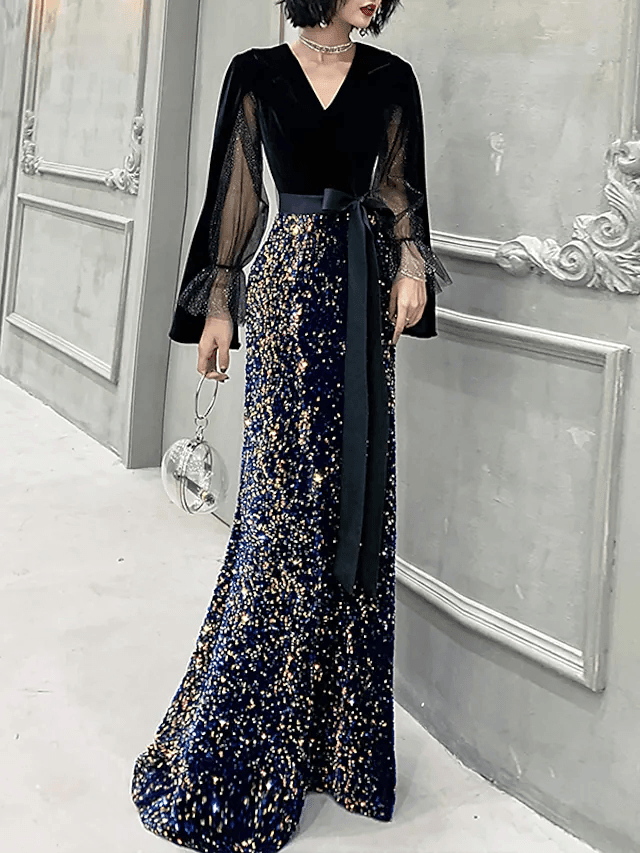 Mermaid / Trumpet Sparkle Gothic Prom Formal Evening Dress V Neck Long Sleeve Floor Length Sequined Velvet with Sash / Ribbon Sequin - RongMoon