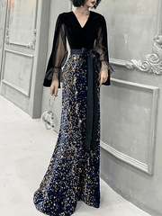 Mermaid / Trumpet Sparkle Gothic Prom Formal Evening Dress V Neck Long Sleeve Floor Length Sequined Velvet with Sash / Ribbon Sequin - RongMoon