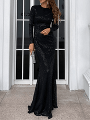 Mermaid / Trumpet Sparkle Sexy Engagement Formal Evening Dress Jewel Neck Long Sleeve Sweep / Brush Train Sequined with Solid - RongMoon