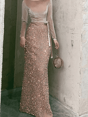 Mermaid / Trumpet Sparkle Sexy Wedding Guest Prom Dress Boat Neck Long Sleeve Floor Length Sequined with Bow(s) Sequin - RongMoon