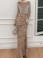 Mermaid / Trumpet Sparkle Sexy Wedding Guest Prom Dress Boat Neck Long Sleeve Floor Length Sequined with Bow(s) Sequin - RongMoon