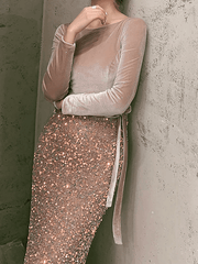 Mermaid / Trumpet Sparkle Sexy Wedding Guest Prom Dress Boat Neck Long Sleeve Floor Length Sequined with Bow(s) Sequin - RongMoon