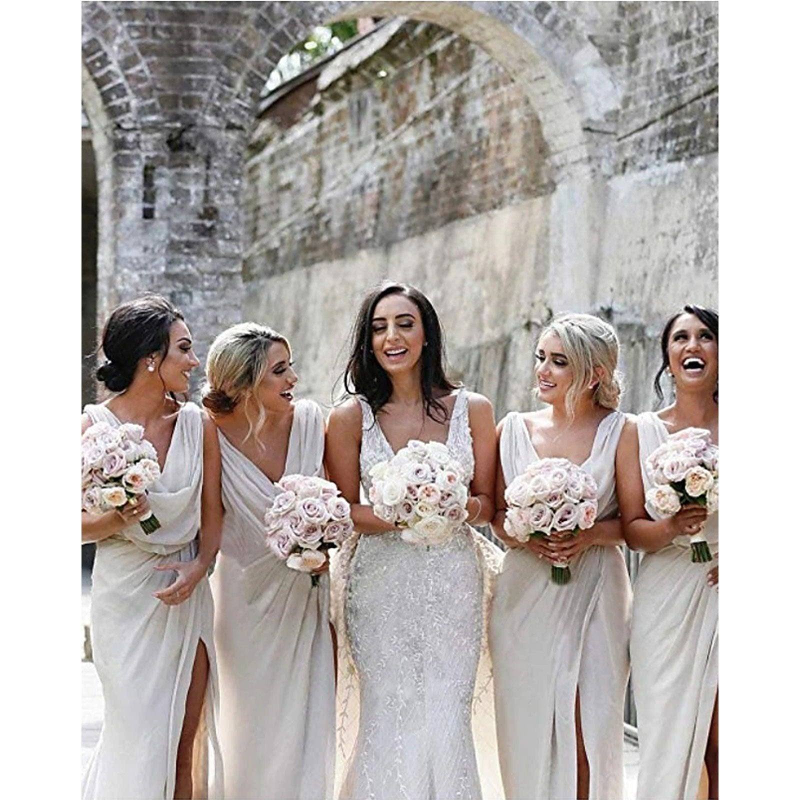 Mermaid / Trumpet Bridesmaid Dress V Neck Sleeveless Elegant Sweep / Brush Train Chiffon with Pleats / Split Front / Ruching - RongMoon