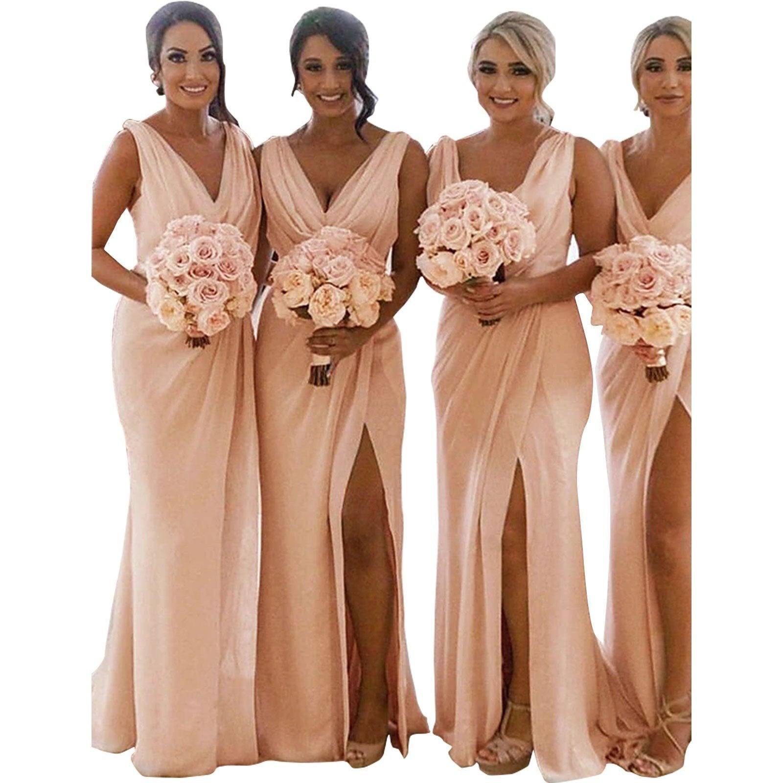 Mermaid / Trumpet Bridesmaid Dress V Neck Sleeveless Elegant Sweep / Brush Train Chiffon with Pleats / Split Front / Ruching - RongMoon