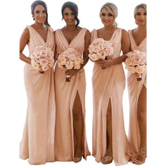 Mermaid / Trumpet Bridesmaid Dress V Neck Sleeveless Elegant Sweep / Brush Train Chiffon with Pleats / Split Front / Ruching - RongMoon