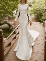 Mermaid / Trumpet Wedding Dresses Jewel Neck Court Train Satin Long Sleeve with Lace Insert - RongMoon