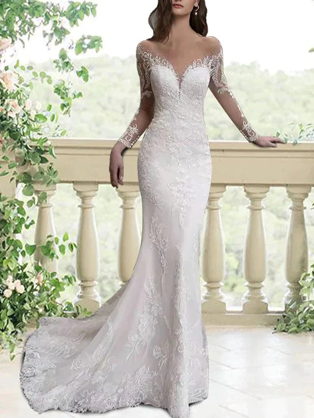 Mermaid / Trumpet Wedding Dresses Jewel Neck Sweep / Brush Train Lace Tulle Long Sleeve Formal Sexy Luxurious Backless with Appliques - RongMoon