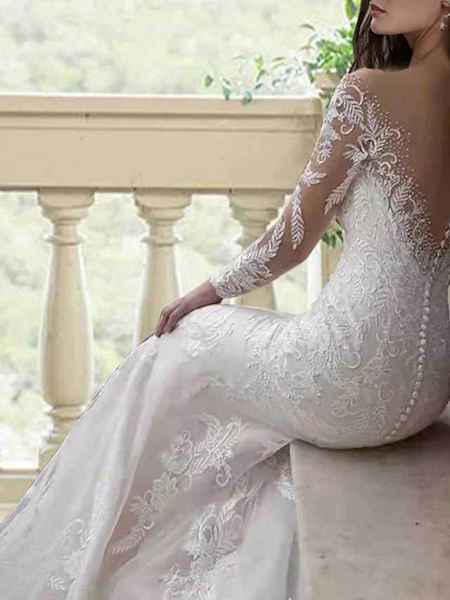 Mermaid / Trumpet Wedding Dresses Jewel Neck Sweep / Brush Train Lace Tulle Long Sleeve Formal Sexy Luxurious Backless with Appliques - RongMoon