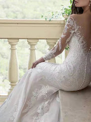 Mermaid / Trumpet Wedding Dresses Jewel Neck Sweep / Brush Train Lace Tulle Long Sleeve Formal Sexy Luxurious Backless with Appliques - RongMoon