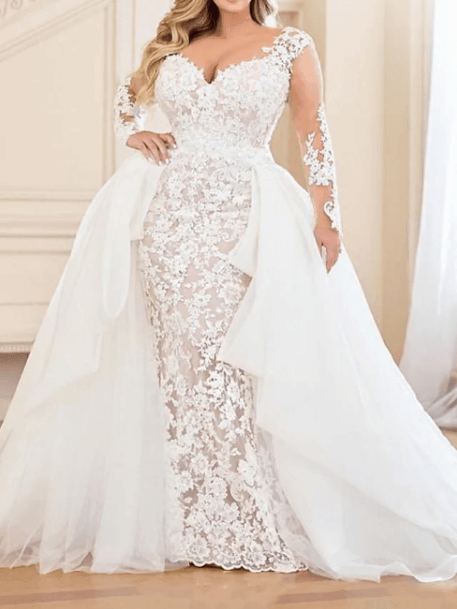 Mermaid / Trumpet Wedding Dresses V Neck Sweep / Brush Train Lace Organza Long Sleeve Country Plus Size with Lace Embroidery Cascading Ruffles - RongMoon