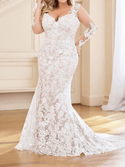 Mermaid / Trumpet Wedding Dresses V Neck Sweep / Brush Train Lace Organza Long Sleeve Country Plus Size with Lace Embroidery Cascading Ruffles - RongMoon