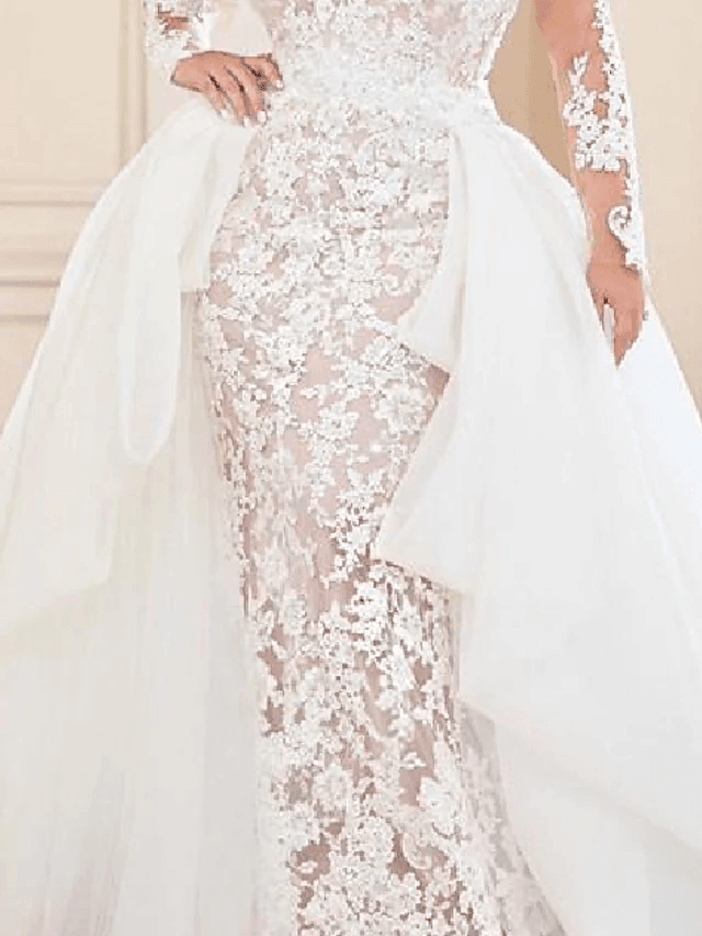 Mermaid / Trumpet Wedding Dresses V Neck Sweep / Brush Train Lace Organza Long Sleeve Country Plus Size with Lace Embroidery Cascading Ruffles - RongMoon