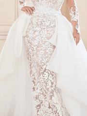 Mermaid / Trumpet Wedding Dresses V Neck Sweep / Brush Train Lace Organza Long Sleeve Country Plus Size with Lace Embroidery Cascading Ruffles - RongMoon