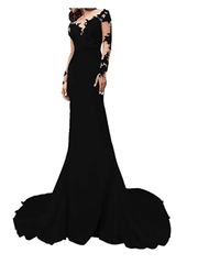 Mermaid / Trumpet Wedding Dresses V Neck Sweep / Brush Train Polyester Long Sleeve Formal Plus Size Black Modern with Ruffles Draping - RongMoon