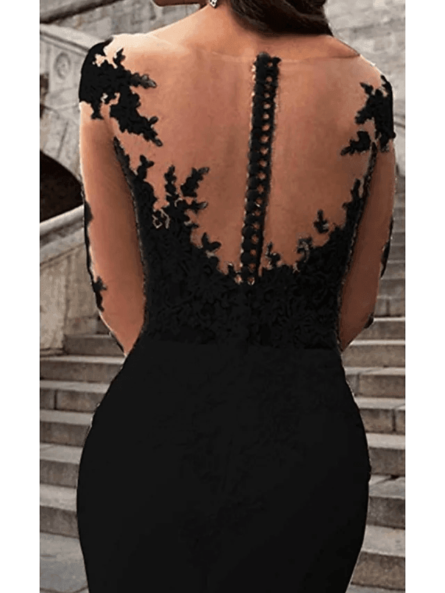 Mermaid / Trumpet Wedding Dresses V Neck Sweep / Brush Train Polyester Long Sleeve Formal Plus Size Black Modern with Ruffles Draping - RongMoon