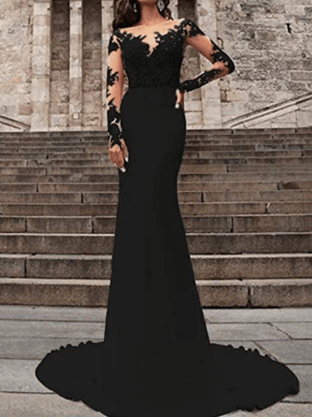 Mermaid / Trumpet Wedding Dresses V Neck Sweep / Brush Train Polyester Long Sleeve Formal Plus Size Black Modern with Ruffles Draping - RongMoon