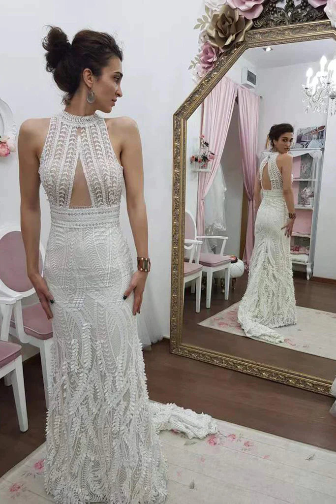 Jewel Neck Keyhole Sexy Mermaid Wedding Dress