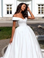 Formal Wedding Dresses Ball Gown Off Shoulder Cap Sleeve Chapel Train Satin Bridal Gowns With Pleats