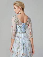 A-Line Evening Gown Floral Dress Holiday Wedding Guest Floor Length 3/4 Length Sleeve Illusion Neck Lace with Embroidery