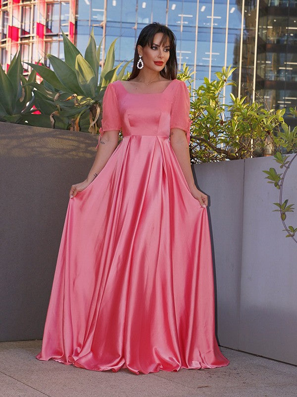 A-Line Princess Square  Sleeves Charmeuse Ruffles Floor-Length Prom Dresses