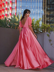 A-Line Princess Square  Sleeves Charmeuse Ruffles Floor-Length Prom Dresses