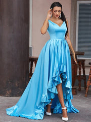 A-Line Princess Satin Ruffles V-neck Sleeveless Asymmetrical Prom Dresses
