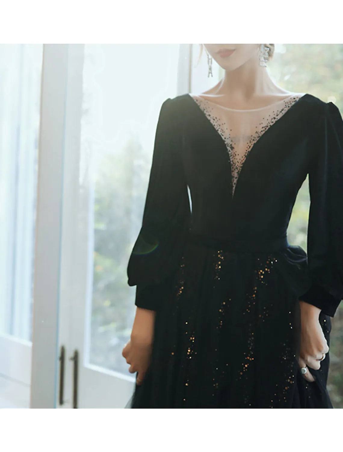 A-Line Bridesmaid Dress Jewel Neck Long Sleeve Elegant Floor Length Tulle / Velvet with Sequin / Bandage - RongMoon