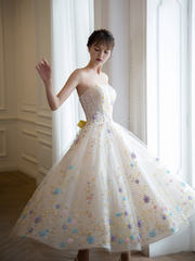Off The Shoulder Tea Length Floral Yellow Prom Dress