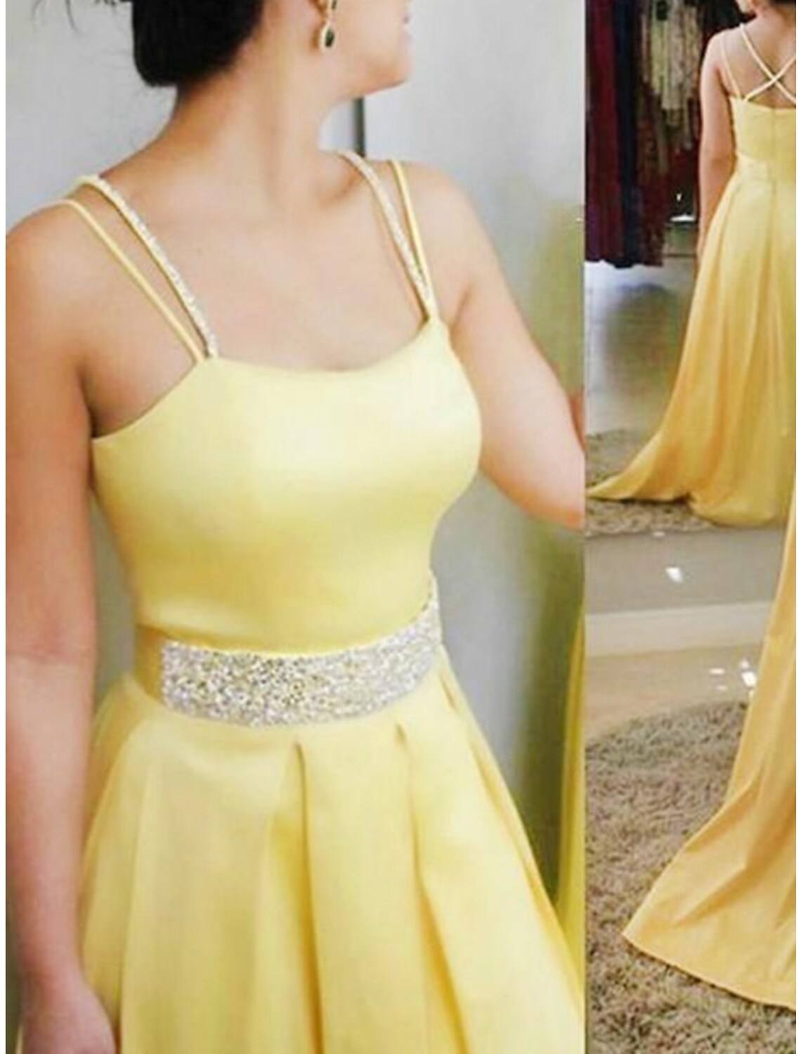 A-Line Bridesmaid Dress Spaghetti Strap Sleeveless Elegant Sweep / Brush Train Satin with Criss Cross / Sequin - RongMoon