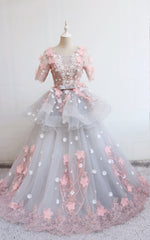 Modest 3D Floral Lace Flowers Ball Gowns Wedding Dresses With Sleeves