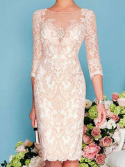 Mother of the Bride Dress Elegant Jewel Neck Knee Length Lace 3/4 Length Sleeve - RongMoon