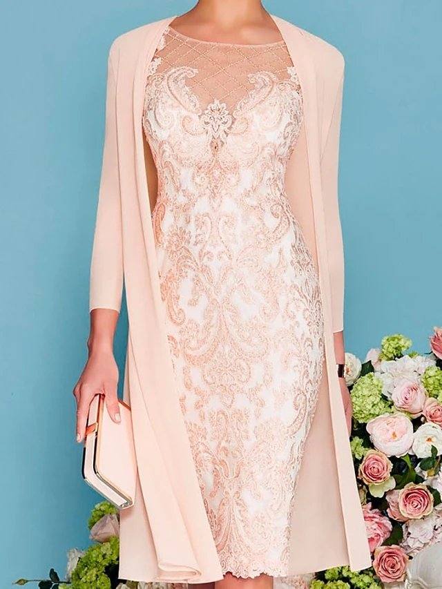 Mother of the Bride Dress Elegant Jewel Neck Knee Length Lace 3/4 Length Sleeve - RongMoon