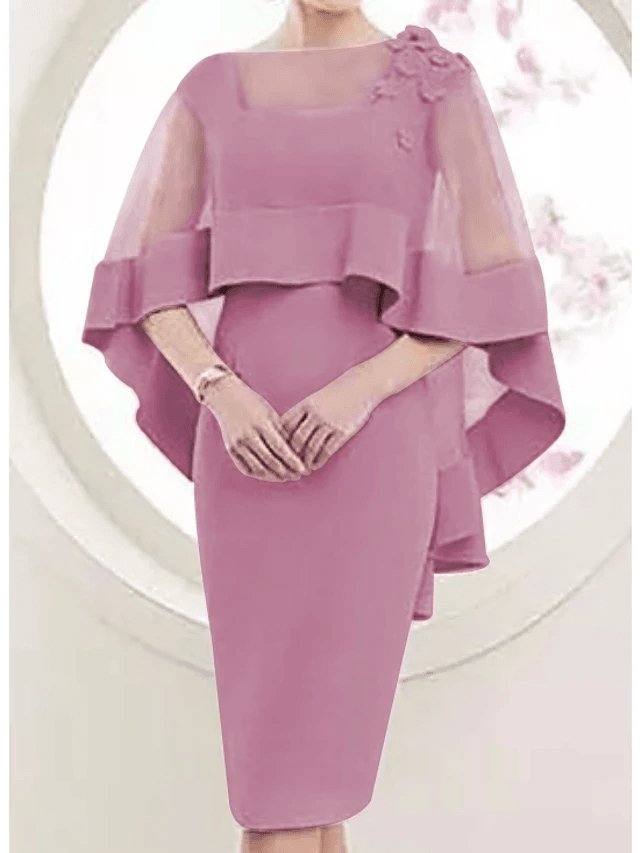 Mother of the Bride Dress Elegant Square Neck Knee Length Satin Tulle 3/4 Length Sleeve with Appliques - RongMoon
