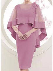 Mother of the Bride Dress Elegant Square Neck Knee Length Satin Tulle 3/4 Length Sleeve with Appliques - RongMoon