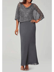 Mother of the Bride Dress Elegant V Neck Floor Length Chiffon Long Sleeve with Beading Sequin - RongMoon