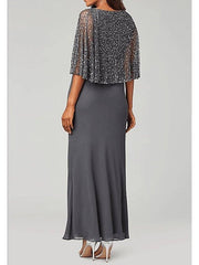 Mother of the Bride Dress Elegant V Neck Floor Length Chiffon Long Sleeve with Beading Sequin - RongMoon